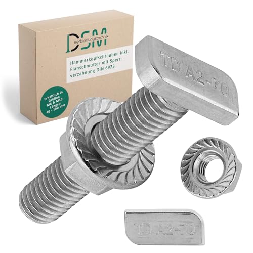 DSM – Hammerkopfschrauben mit Flanschmutter M10 x 40 mm – Typ 28/15 – Edelstahl A2, rostfrei – Mutter mit Sperrverzahnung nach DIN 6923 – Montageset für Aluprofile, Solarmodule, C-Profile – 2 Stück DSM – Hammerkopfschrauben mit Flanschmutter M10 x 40 mm – Typ 28/15 – Edelstahl A2, rostfrei – Mutter mit Sperrverzahnung nach DIN 6923 – Montageset für Aluprofile, Solarmodule, C-Profile – 2 Stück von DSM-Verbindungstechnik