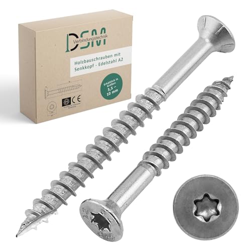 DSM – Holzbauschrauben Edelstahl A2 – 8 x 90 mm – TX40 Senkkopfschrauben – Unterkopfverstärkt mit Fräsrippen und Cut-Spitze – Schneidkerbe – Spanplattenschrauben mit ETA-Zulassung – 500 Stück DSM – Holzbauschrauben Edelstahl A2 – 8 x 90 mm – TX40 Senkkopfschrauben – Unterkopfverstärkt mit Fräsrippen und Cut-Spitze – Schneidkerbe – Spanplattenschrauben mit ETA-Zulassung – 500 Stück von DSM-Verbindungstechnik