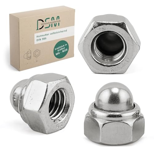 DSM I Hutmuttern M16 I selbstsichernd nach DIN 986 I Edelstahl A2/V2A I Sechskant-Hutmuttern mit Polyamidklemmteil I rostfreie Sicherungsmuttern I Stopmuttern I Klemmmuttern I 100 Stück von DSM-Verbindungstechnik