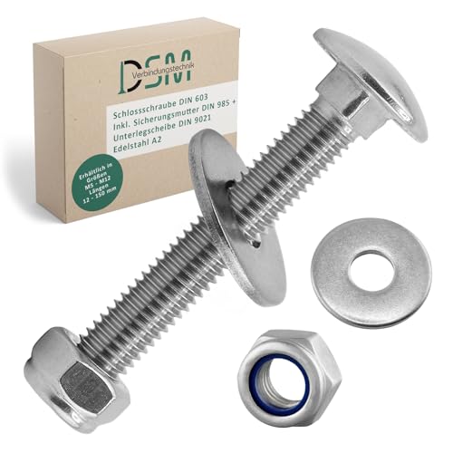 DSM – Schlossschrauben M10 x 80 mm nach DIN 603 – M10 Sicherungsmutter DIN 985 & Unterlegscheibe DIN 9021 – Edelstahl A2/V2A – Flachrundkopfschrauben mit Vierkantansatz – Stoppmuttern – 5 Stück von DSM-Verbindungstechnik