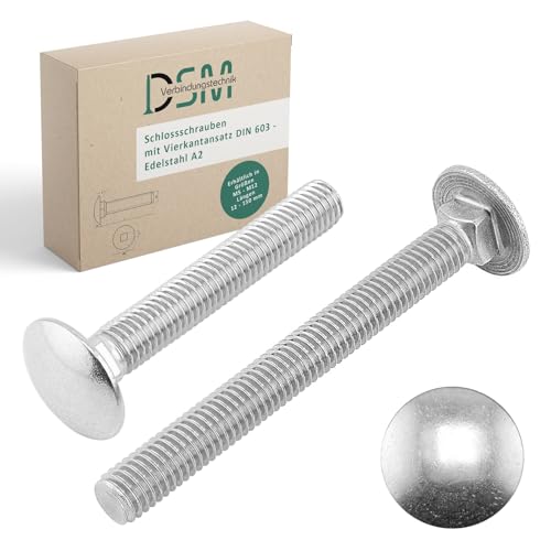 DSM – Schlossschrauben M12 x 80 mm nach DIN 603 – rostfreier Edelstahl A2/V2A – Vollgewinde – Flachrundkopfschrauben mit Vierkantansatz – Torbandschrauben – 25 Stück (Großpack) von DSM-Verbindungstechnik