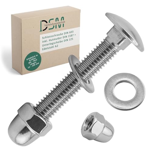 DSM – Schlossschrauben M5 x 50 mm nach DIN 603 – M5 Hutmutter DIN 1587 & Unterlegscheibe DIN 125 – Edelstahl A2/V2A – Vollgewinde – Flachrundkopfschrauben mit Vierkantansatz – 5 Stück DSM – Schlossschrauben M5 x 50 mm nach DIN 603 – M5 Hutmutter DIN 1587 & Unterlegscheibe DIN 125 – Edelstahl A2/V2A – Vollgewinde – Flachrundkopfschrauben mit Vierkantansatz – 5 Stück von DSM-Verbindungstechnik
