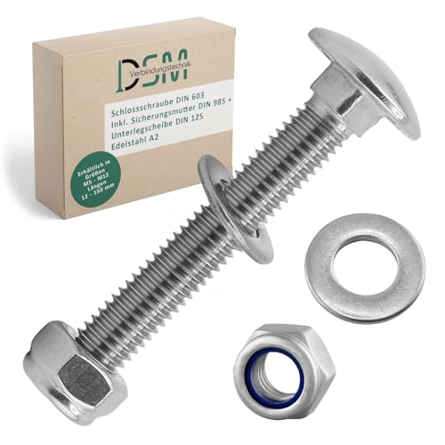 DSM – Schlossschrauben M5 x 50 mm nach DIN 603 – M5 Sicherungsmutter DIN 985 & Unterlegscheibe DIN 125 – Edelstahl A2/V2A – Flachrundkopfschrauben mit Vierkantansatz – Stoppmuttern – 25 Stück DSM – Schlossschrauben M5 x 50 mm nach DIN 603 – M5 Sicherungsmutter DIN 985 & Unterlegscheibe DIN 125 – Edelstahl A2/V2A – Flachrundkopfschrauben mit Vierkantansatz – Stoppmuttern – 25 Stück von DSM-Verbindungstechnik