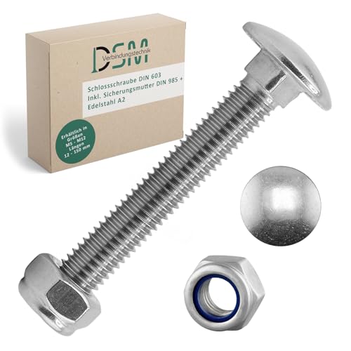 DSM – Schlossschrauben M5 x 80 mm nach DIN 603 – M5 Sicherungsmutter DIN 985 – Edelstahl A2/V2A – Flachrundkopfschrauben mit Vierkantansatz – selbstsichernde Stoppmuttern mit Klemmteil – 100 Stück von DSM-Verbindungstechnik