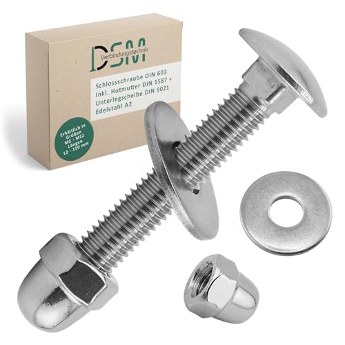DSM – Schlossschrauben M6 x 50 mm nach DIN 603 – M6 Hutmutter DIN 1587 & Unterlegscheibe DIN 9021 – Edelstahl A2/V2A – Vollgewinde – Flachrundkopfschrauben mit Vierkantansatz – 25 Stück DSM – Schlossschrauben M6 x 50 mm nach DIN 603 – M6 Hutmutter DIN 1587 & Unterlegscheibe DIN 9021 – Edelstahl A2/V2A – Vollgewinde – Flachrundkopfschrauben mit Vierkantansatz – 25 Stück von DSM-Verbindungstechnik