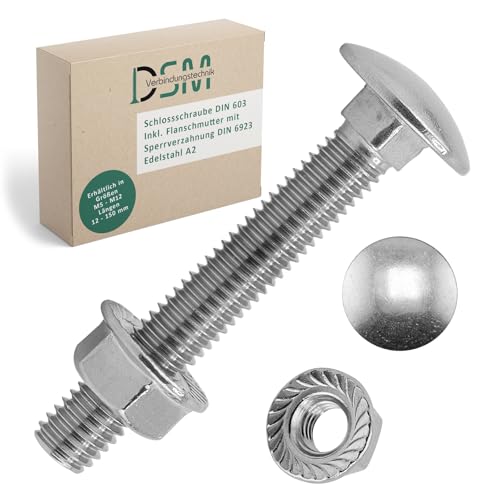 DSM – Schlossschrauben M6 x 80 mm nach DIN 603 – M6 Flanschmutter mit Sperrverzahnung DIN 6923 – Edelstahl A2/V2A – Flachrundkopfschrauben mit Vierkantansatz – Sechskantmutter mit Flansch – 100 Stück DSM – Schlossschrauben M6 x 80 mm nach DIN 603 – M6 Flanschmutter mit Sperrverzahnung DIN 6923 – Edelstahl A2/V2A – Flachrundkopfschrauben mit Vierkantansatz – Sechskantmutter mit Flansch – 100 Stück von DSM-Verbindungstechnik