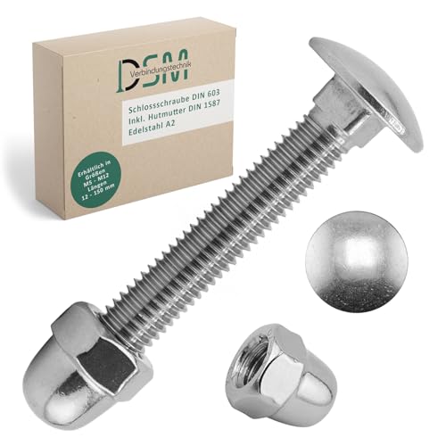 DSM – Schlossschrauben M6 x 90 mm nach DIN 603 – M6 Hutmutter DIN 1587 – Edelstahl A2/V2A – Vollgewinde – Flachrundkopfschrauben mit Vierkantansatz – Kuppelmuttern – Hohe Form – 100 Stück von DSM-Verbindungstechnik