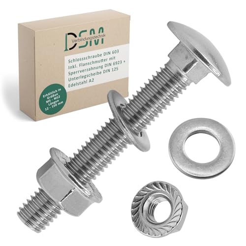 DSM – Schlossschrauben M8 x 35 mm nach DIN 603 – M8 Flanschmutter mit Sperrverzahnung DIN 6923 & Unterlegscheibe DIN 125– Edelstahl A2/V2A – Flachrundkopfschrauben – Sechskantmutter – 2 Stück DSM – Schlossschrauben M8 x 35 mm nach DIN 603 – M8 Flanschmutter mit Sperrverzahnung DIN 6923 & Unterlegscheibe DIN 125– Edelstahl A2/V2A – Flachrundkopfschrauben – Sechskantmutter – 2 Stück von DSM-Verbindungstechnik