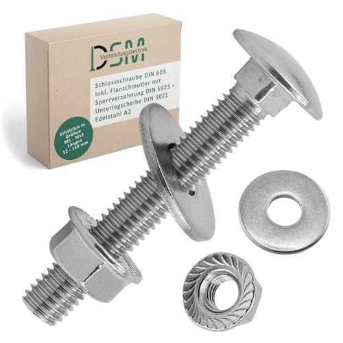DSM – Schlossschrauben M8 x 80 mm nach DIN 603 – M8 Flanschmutter mit Sperrverzahnung DIN 6923 & Unterlegscheibe DIN 9021– Edelstahl A2/V2A – Flachrundkopfschrauben – Sechskantmutter – 10 Stück DSM – Schlossschrauben M8 x 80 mm nach DIN 603 – M8 Flanschmutter mit Sperrverzahnung DIN 6923 & Unterlegscheibe DIN 9021– Edelstahl A2/V2A – Flachrundkopfschrauben – Sechskantmutter – 10 Stück von DSM-Verbindungstechnik
