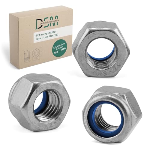 DSM – Sicherungsmuttern hohe Form – DIN 982 / ISO 7040 – M16 – Edelstahl A2/V2A – rostfrei & selbstsichernd, mit Kunststoffklemmteil – Stopmuttern, Klemmmuttern, Kontermuttern – 25 Stück von DSM-Verbindungstechnik