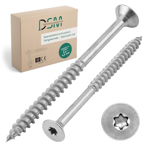 DSM – Spanplattenschrauben 5 x 100 mm – Edelstahl A2/V2A rostfrei – mit Senkkopf und TX-Antrieb – mit ETA-Zulassung – Holzschrauben mit Teilgewinde – Holzbauschraube – Universalschrauben – 100 Stück DSM – Spanplattenschrauben 5 x 100 mm – Edelstahl A2/V2A rostfrei – mit Senkkopf und TX-Antrieb – mit ETA-Zulassung – Holzschrauben mit Teilgewinde – Holzbauschraube – Universalschrauben – 100 Stück von DSM-Verbindungstechnik