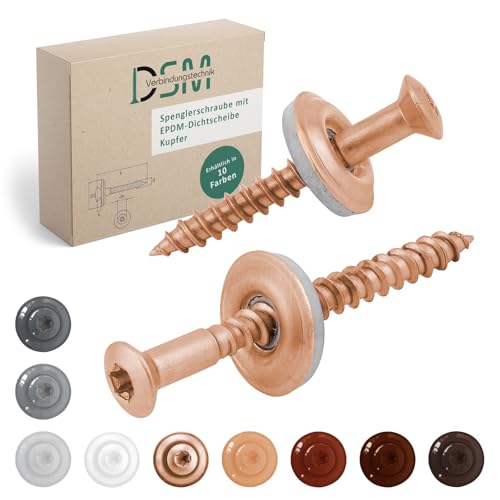 DSM | Spenglerschrauben Kupfer 4,5 x 20 mm | Edelstahl A2 - beschichtet | mit EPDM-Dichtscheibe (15 mm) | TX-Antrieb | ähnl. DIN 7995 / DIN 9171 | Dachschrauben, Trapezblechschraube | 25 Stück von DSM-Verbindungstechnik