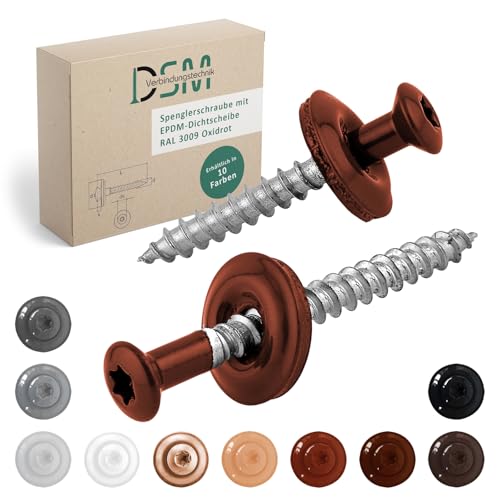 DSM | Spenglerschrauben Oxidrot 4,5 x 25 mm | Edelstahl A2 – lackiert RAL 3009 | mit EPDM-Dichtscheibe (15 mm) | TX-Antrieb | ähnl. DIN 7995 / DIN 9171 | Trapezblechschraube | 25 Stück von DSM-Verbindungstechnik