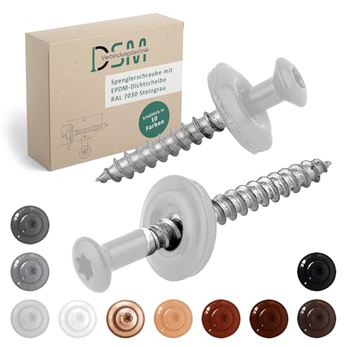 DSM | Spenglerschrauben Steingrau 4,5 x 45 mm | Edelstahl A2 – lackiert RAL 7030 | mit EPDM-Dichtscheibe (15 mm) | TX-Antrieb | ähnl. DIN 7995 / DIN 9171 | Trapezblechschraube | 200 Stück von DSM-Verbindungstechnik