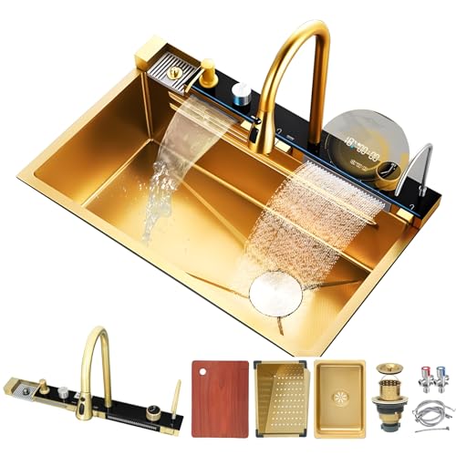 DSMRLEOP 68x45cm Küchenspüle Edelstahl 1 Becken Mit Wasserfall-Design Und Ausziehbarem Wasserhahn, Nanobeschichtete Einzelspüle Im Landhausstil, Moderne Spüle Wasserfall-Spülbecken mit Zubehörset DSMRLEOP 68x45cm Küchenspüle Edelstahl 1 Becken Mit Wasserfall-Design Und Ausziehbarem Wasserhahn, Nanobeschichtete Einzelspüle Im Landhausstil, Moderne Spüle Wasserfall-Spülbecken mit Zubehörset von DSMRLEOP