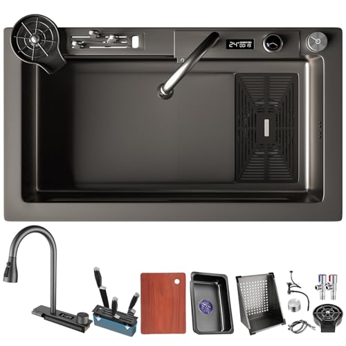 DSMRLEOP 80X45cm Wasserfall spüle, Multifunktionale Spülbecken Schwarz, 1 Becken Spüle Küche Edelstahl Rechteck mit Zubehör wie Abflusskörbe, Siphon, Über- und Ablauf-Set von DSMRLEOP