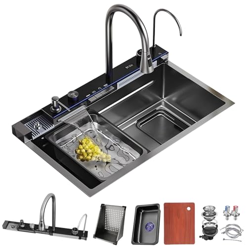 DSMRLEOP 85x50cm Große Küchenspüle Wasserfall-Design, Schwarzem Edelstahl-Finish, 1 Becken, Spüle Mit Ausziehbarem All-in-One-Wasserhahn, Gläserspüler Und Abtropfkorb Küchen Spüle mit Zubehörset von DSMRLEOP