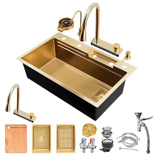 DSMRLEOP Gold Küchenspüle 80x50cm 1 Becken Küchenspüle Edelstahl Rechteck Waschbecken Küche Mit 5 HahnLöcher Mit Goldener Wasserfall Wasserhahn Und Ein Komplettes Set An Goldenen Accessoir DSMRLEOP Gold Küchenspüle 80x50cm 1 Becken Küchenspüle Edelstahl Rechteck Waschbecken Küche Mit 5 HahnLöcher Mit Goldener Wasserfall Wasserhahn Und Ein Komplettes Set An Goldenen Accessoir von DSMRLEOP