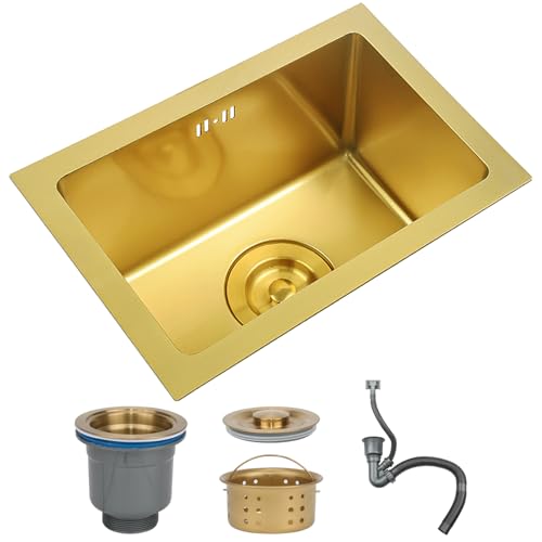 DSMRLEOP Goldene Küchenspüle, 38x26cm leises Einzelbecken-Spülbecken aus Edelstahl, Einbau- oder Unterbau-Installation, leicht zu reinigende, handgefertigte Bar-Vorbereitungsspüle mit Abfluss von DSMRLEOP
