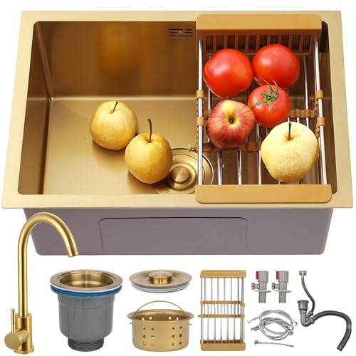 DSMRLEOP Goldfarbene Küchen Spülbecken Aus Edelstahl, Nanobeschichtetes 1 Becken Einbau- Oder Unterbau-Barspüle Mit Siphon, Über- und Ablauf-Set, Leicht Zu Reinigende(Gold-Faucet#01,75x45cm) von DSMRLEOP