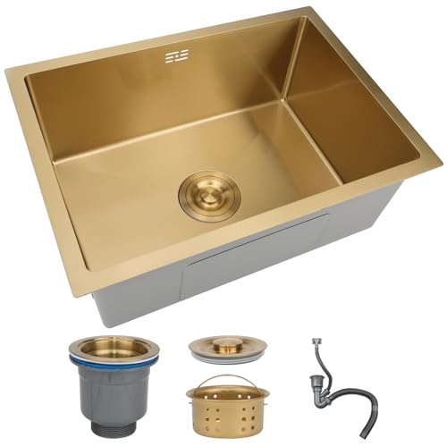 DSMRLEOP Goldfarbene Küchenspüle aus Edelstahl, 1 Becken 60x40cm Montage auf der Oberseite, quadratische handgefertigte Bar-/Vorbereitungsspüle in mehreren Größen, Nano-Spüle mit Abflussset DSMRLEOP Goldfarbene Küchenspüle aus Edelstahl, 1 Becken 60x40cm Montage auf der Oberseite, quadratische handgefertigte Bar-/Vorbereitungsspüle in mehreren Größen, Nano-Spüle mit Abflussset von DSMRLEOP