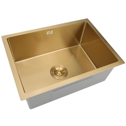 DSMRLEOP Goldfarbene Küchenspüle aus Edelstahl, 1 Becken 75x45cm Montage auf der Oberseite, quadratische handgefertigte Bar-/Vorbereitungsspüle in mehreren Größen, Nano-Spüle mit Abflussset DSMRLEOP Goldfarbene Küchenspüle aus Edelstahl, 1 Becken 75x45cm Montage auf der Oberseite, quadratische handgefertigte Bar-/Vorbereitungsspüle in mehreren Größen, Nano-Spüle mit Abflussset von DSMRLEOP