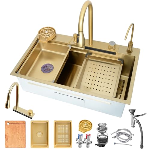 DSMRLEOP Goldfarbene Wasserfall-Küchenspüle – 80x45cm Einzelbecken Aus Nano-Edelstahl Mit Goldenem Ausziehbarem Wasserhahn, Komplettes Zubehörset, Multifunktionale Arbeitsstation Für Moderne Küchen von DSMRLEOP