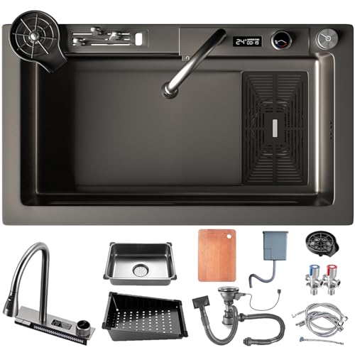 DSMRLEOP Große Einzelne Schüssel Küchenspüle Edelstahl-Set Wasserfall Schwarz Bauernhaus Spüle, Einzelne Schüssel Workstation Spüle mit Digitalanzeige Ausziehhahn, 13-teiliges Set (85x46cm) von DSMRLEOP