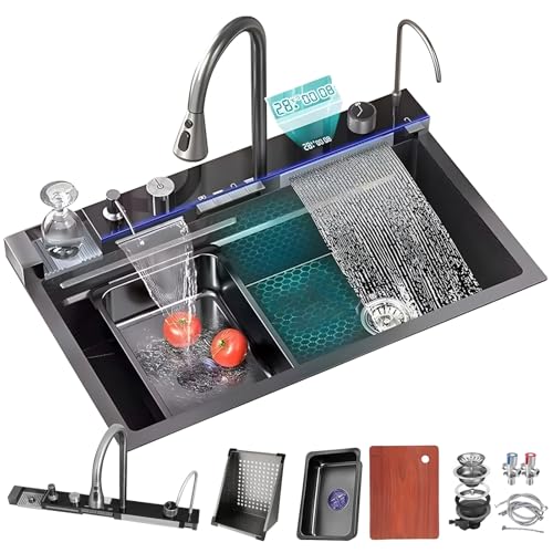 DSMRLEOP Große Küchenspüle Mit Wasserfall-Design Und Schwarzem Edelstahl-Finish, Einzelbecken-Bauernhausspüle, Nanobeschichtete Bar-Vorbereitungsspüle Mit Ausziehbarem All-in-One-Wasserhahn, Gläserspü von DSMRLEOP