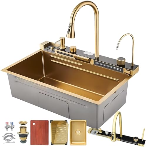 DSMRLEOP Große Küchenspüle Mit Wasserfall-Design Und Schwarzem Edelstahl-Finish, Einzelbecken-Bauernhausspüle, Nanobeschichtete Bar-Vorbereitungsspüle Mit Ausziehbarem All-in-One-Wasserhahn, Gläserspü von DSMRLEOP