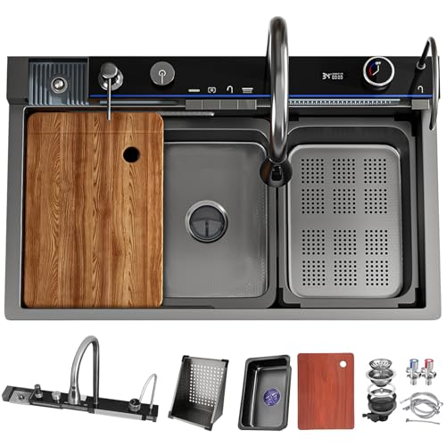 DSMRLEOP Küchenspüle, Wasserfall-Design Und Schwarzem Edelstahl-Finish, Große Einzelbecken-Bauernhausspüle, Nanobeschichtete -Vorbereitungsspüle Mit Ausziehbarem All-in-One-Wasserhahn, Seifenspender U DSMRLEOP Küchenspüle, Wasserfall-Design Und Schwarzem Edelstahl-Finish, Große Einzelbecken-Bauernhausspüle, Nanobeschichtete -Vorbereitungsspüle Mit Ausziehbarem All-in-One-Wasserhahn, Seifenspender U von DSMRLEOP