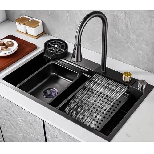 DSMRLEOP Küchenspüle, Workstation Wasserfall Spüle, Nano 304 Edelstahl Einzelschüsselspüle mit Ausziehhahn, Druckbecher-Waschmaschine und anderes Zubehör Spülbecken (Color : Schwarz, S : 80x45x22cm von DSMRLEOP