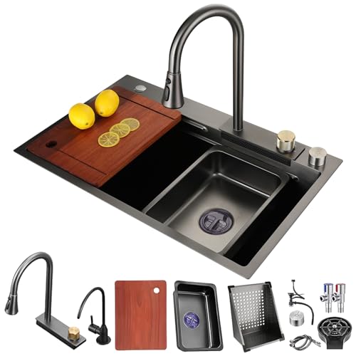 DSMRLEOP Schwarze Wasserfall-Küchenspüle, 85x50cm 1 Becken Küchenspüle Edelstahl Rechteck, Siphon, Überlauf Und Ablaufgarnitur, Multifunktionale Moderne Spüle Wasserfall-Spülbecken mit Zubehörset(Schw DSMRLEOP Schwarze Wasserfall-Küchenspüle, 85x50cm 1 Becken Küchenspüle Edelstahl Rechteck, Siphon, Überlauf Und Ablaufgarnitur, Multifunktionale Moderne Spüle Wasserfall-Spülbecken mit Zubehörset(Schw von DSMRLEOP