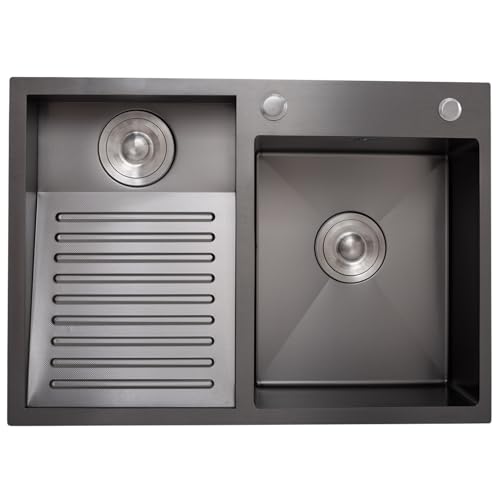 DSMRLEOP Waschbecken – Hochwertiges Schwarzes Waschbecken Mit Eingebautem Waschbrett, Doppelbeckendesign Aus Edelstahl SUS 304 Für Einfache Reinigung, Komplettes Abflussset – Ideal Für Küche, Bad Und von DSMRLEOP