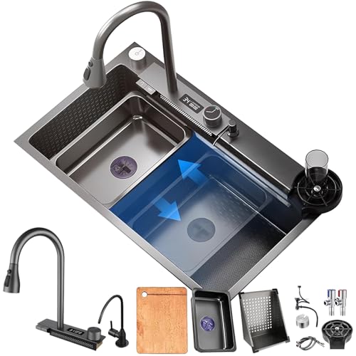 DSMRLEOP Wasserfall-Spülbecken Aus Edelstahl, 1 Becken Rechteck, Schwarzes groß Küchenspüle -Arbeitsplatz-Spüle Mit Ausziehbarem Wasserhahn, Siphon, Überlauf Und Ablaufgarnitur(Black#01A,65x50cm) DSMRLEOP Wasserfall-Spülbecken Aus Edelstahl, 1 Becken Rechteck, Schwarzes groß Küchenspüle -Arbeitsplatz-Spüle Mit Ausziehbarem Wasserhahn, Siphon, Überlauf Und Ablaufgarnitur(Black#01A,65x50cm) von DSMRLEOP