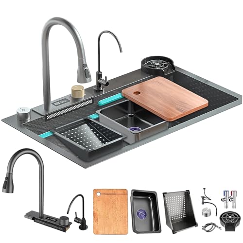 DSMRLEOP Wasserfall-Spülbecken Aus Edelstahl, 1 Becken Rechteck, Schwarzes groß Küchenspüle -Arbeitsplatz-Spüle Mit Ausziehbarem Wasserhahn, Siphon, Überlauf Und Ablaufgarnitur(Black#01A,68x45cm) DSMRLEOP Wasserfall-Spülbecken Aus Edelstahl, 1 Becken Rechteck, Schwarzes groß Küchenspüle -Arbeitsplatz-Spüle Mit Ausziehbarem Wasserhahn, Siphon, Überlauf Und Ablaufgarnitur(Black#01A,68x45cm) von DSMRLEOP