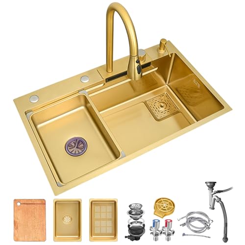 DSMRLEOP Wasserfall Waschbecken in Gold, Multifunktionale Küchenspüle 304 Edelstahl Waschbecken, Waschbecken mit Gold Multifunktionale Wasserhahn und Verschiedenes Zubehör (Color : Gold, S : 80x45cm von DSMRLEOP