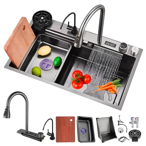 DSMRLEOP Wasserfall spüle, 80x45cm Multifunktionale Spülbecken Schwarz, 1 Becken Spüle Küche Edelstahl Rechteck mit Zubehör wie Abflusskörbe, Siphon und Ablauf-Set,Wasserhahn mit sichtbarer Temperatur von DSMRLEOP
