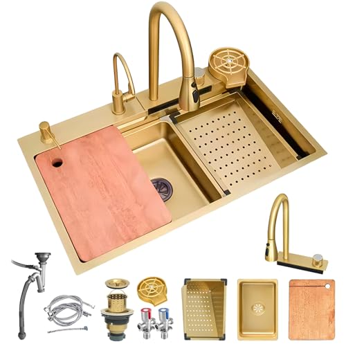 DSMRLEOP Wasserfall spüle, Multifunktionale Spülbecken Schwarz, 1 Becken Spüle Küche Edelstahl Rechteck mit Zubehör wie Abflusskörbe, Siphon, Über- und Ablauf-Set(Gold#1A,75x45cm) von DSMRLEOP