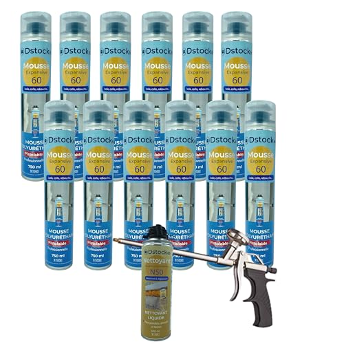 DSTOCK60 - Set mit 12 x 750 ml Schaumreiniger + 1 x Schaumreiniger + 1 x Pistole – Professioneller Polyurethanschaum – Isoliert, Kleber und Versiegelung – Außen und Innen von DSTOCK60