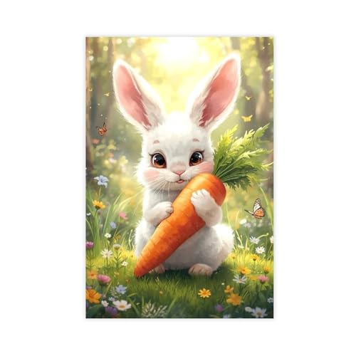 Poster mit niedlichem Häschen mit Karotte auf Wiese, Leinwand-Poster, Schlafzimmer, Dekoration, Landschaft, Büro, Raumdekoration, Geschenk, 30 x 45 cm von DSTRJ