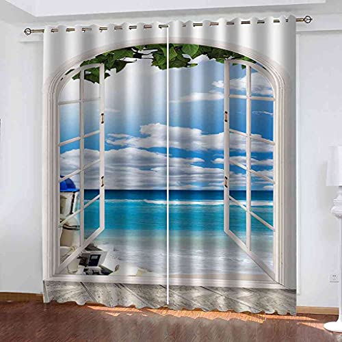 DSVNNZ 3D Kinderzimmer Verdunkelungsvorhänge Fenster Meer Landschaft mit Ösen Polyester Schallschutz Vorhang Geeignet Für Wohnzimmer Schlafzimmer Badezimmer Gardinen 2 Stück B70 x H160 cm von DSVNNZ