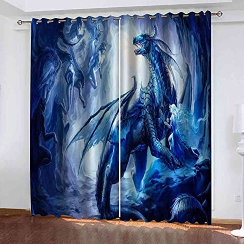 DSVNNZ Blickdichte Gardinen 3D Gedruckt Verdunkelungsvorhang Blauer Cartoon-Drache Vorhang mit Ösen Polyester Vorhänge für Schlafzimmer Geräuschreduzierung 132 x 214 cm 2 Stück von DSVNNZ