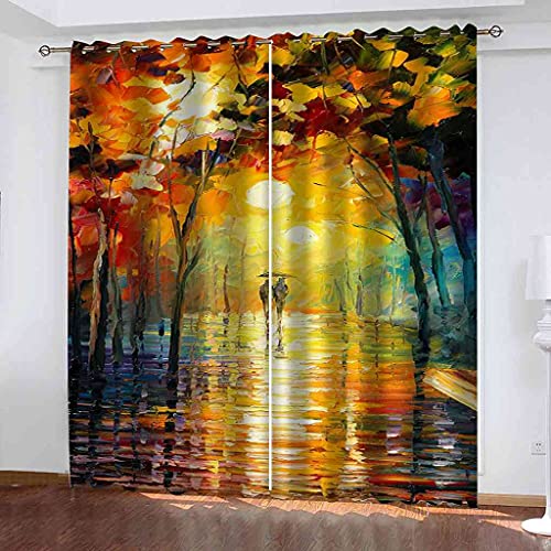 DSVNNZ Verdunkelungsvorhang 3D Gedruckt Vorhang Blickdicht Wärmeisolierte mit Ösen Ölgemälde Wald Regenszene Gardinen Modern für Kinderzimmer Wohnzimme 117x137 cm(B x H) 2 Stück von DSVNNZ