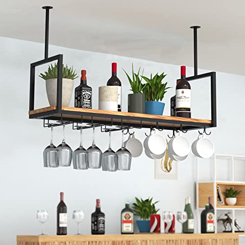 DSVONAUS Hängendes Weinregal und Weinglashalter - 120cm Weinregal aus Metall mit 2 Arten Glashalter, Weinglasregal zur Deckenmontage, Flaschenhalter, perfekt für Bar-Café-Küche (120×30×60cm) von DSVONAUS