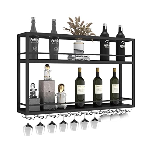 DSVONAUS industriell wandmontierte Weinregal mit Glashalter, Schwarz Metallflaschenhalter Multi funktionaler Weinpareite Display Rack 2-stufiges für Home Bar Dining Room Kitchenkitchen (80×20×65cm) von DSVONAUS