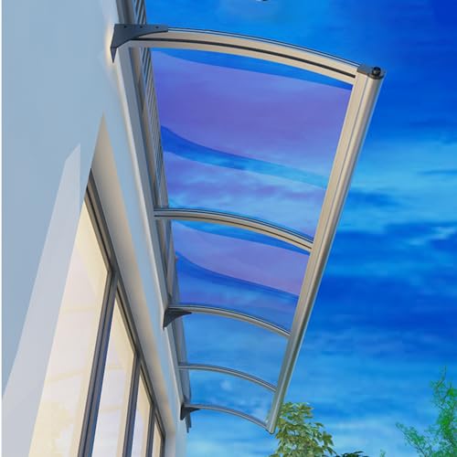 Vordach Für Haustür mit Regenrinne Transparente Polycarbonat Silberne Aluminiumklammer Überdachung Markise Haustürdach Pultvordach für Draußen Haus Balkon Garage Fenster (150×580cm) von DSWZLQDXB