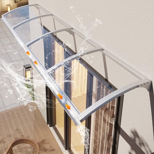 Vordach Überdachung Haustürvordach mit Regenrinne,Pavillion Türvordach Regenschutz Beständiger,Gebogene Fenster Markisen Aluminium Bügel und Transparente Platte Polycarbonat (100×560cm,Silver) von DSWZLQDXB