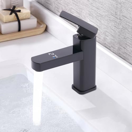 DSYOGX LED Waschtischarmatur Schwarz Wasserhahn Bad Waschbecken Mischbatterie Einhebel Kalt und Heißwasser Wasserfall Waschtischarmatur mit Digitaler Anzeige von DSYOGX