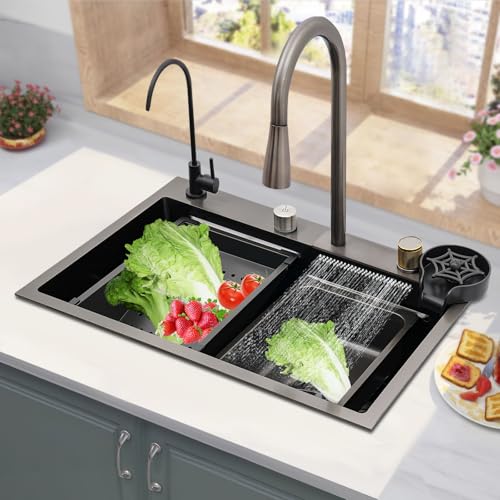 DSYOGX Wasserfall Spüle, Edelstahl 304 Küchenspüle Einzelwaschbecken Rechteckig Küche Waschbecken Drop-in Kitchen Sink Großer Waschbecken für Küche, Restaurant, Silber (68cm) von DSYOGX